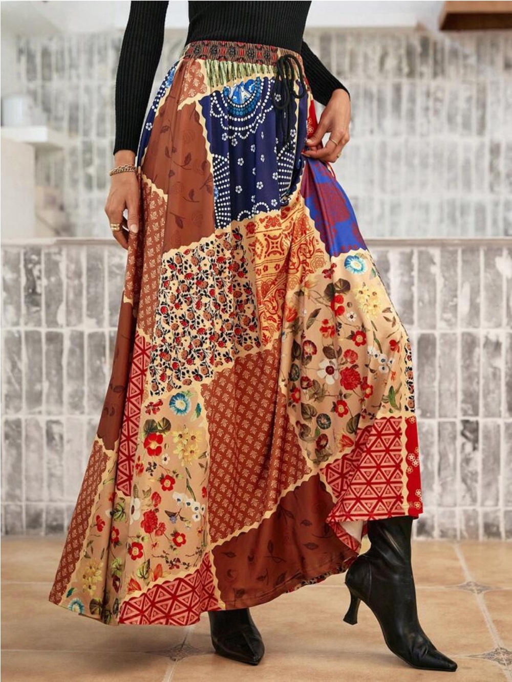 Patchwork Print Maxi Skirt - Multicolor New S Emery Rose Boho Festival Orange